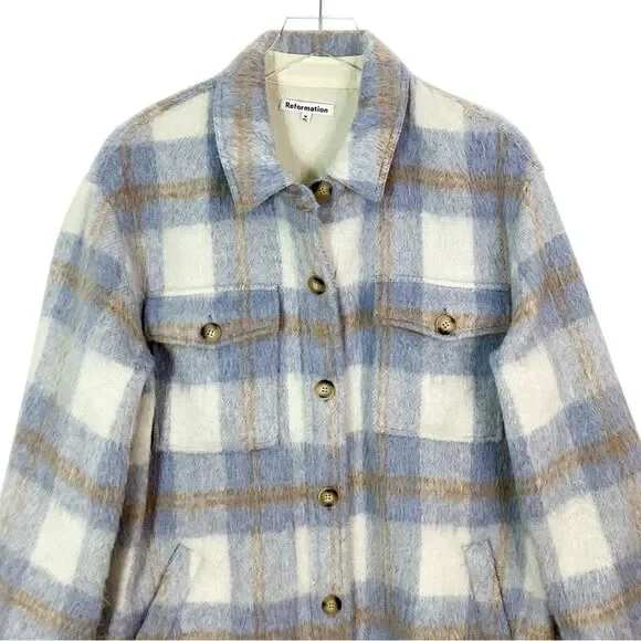 REFORMATION Size M Ainslie Plaid Jacket Coat Flannel Oversized Light Blue - Picture 3 of 10